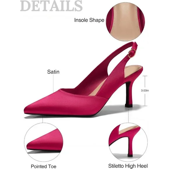 Women's Satin Pink  Faux Leather Pointed Toe Slingback Stylish Buckle Pump Shoes - Picture 6 of 6
